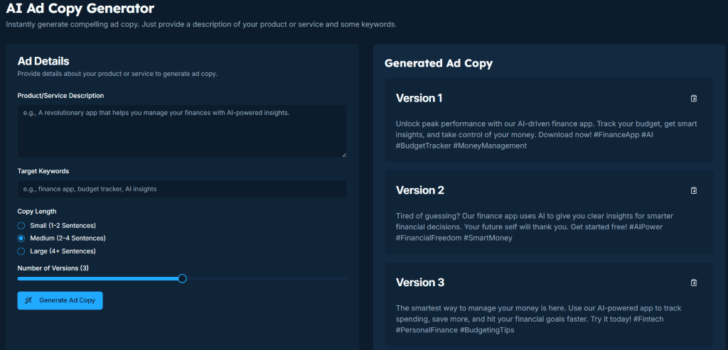 Instant Ad Copy & Creatives
